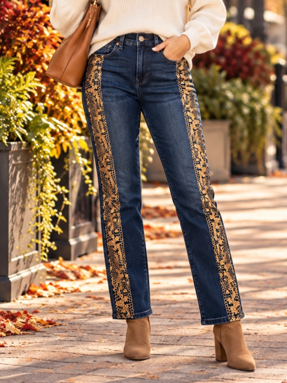 DG2 Diane Gilman Dark Wash Lace Animal Print Side Stripe Jeans 6 NWOT